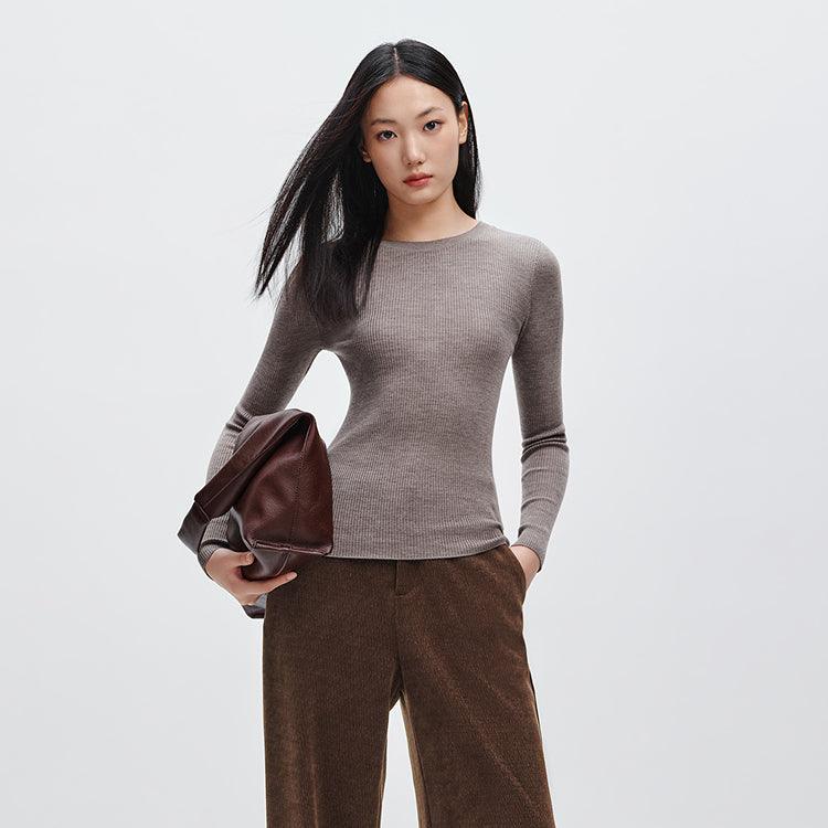 Women's Coffee Round Neck Wool Pullover