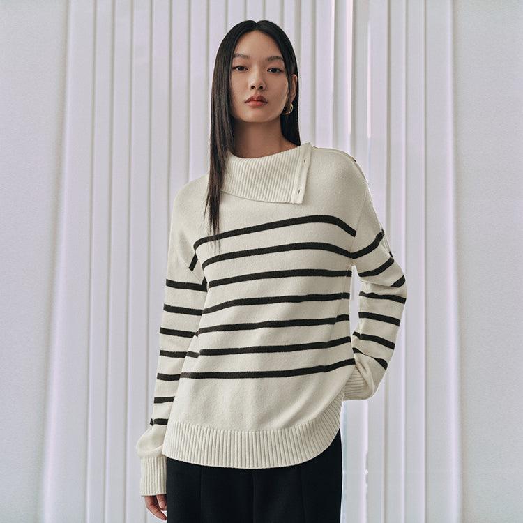 Women's Striped Button-Collar Knit Pullover