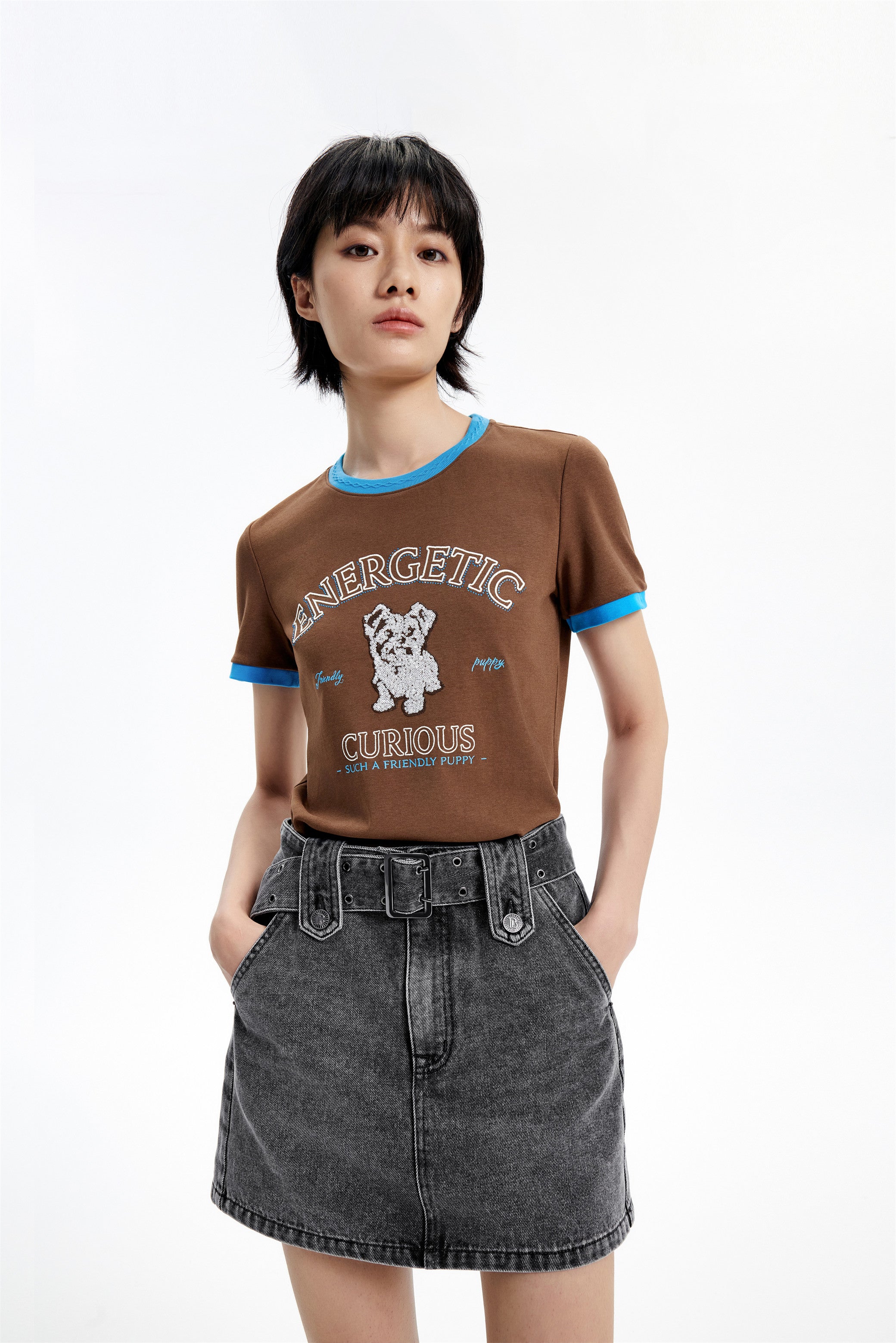 Women's Embroidered Dog Printed T-shirt