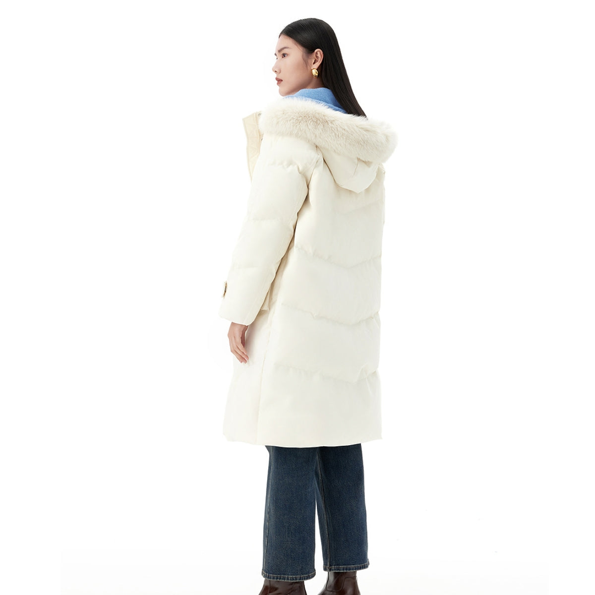 Women's Horn Button Parka Down Coat with Fox Fur Collar