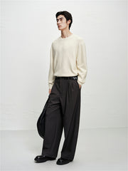 Men's Beige Brushed Sweater with Embroidery