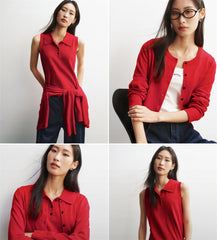 Women's Wool-Blend Polo Cardigan Set