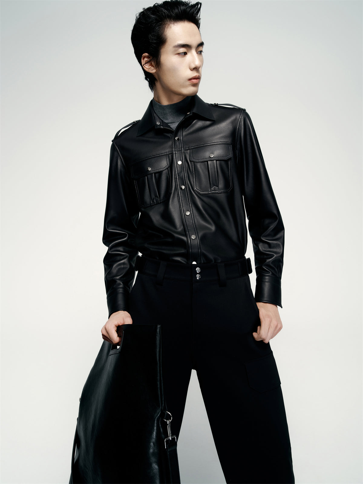 Men's Epaulet Shirt-Style Leather Jacket