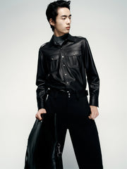 Men's Epaulet Shirt-Style Leather Jacket