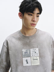 Men's Washed Distressed T-Shirt with Patchwork