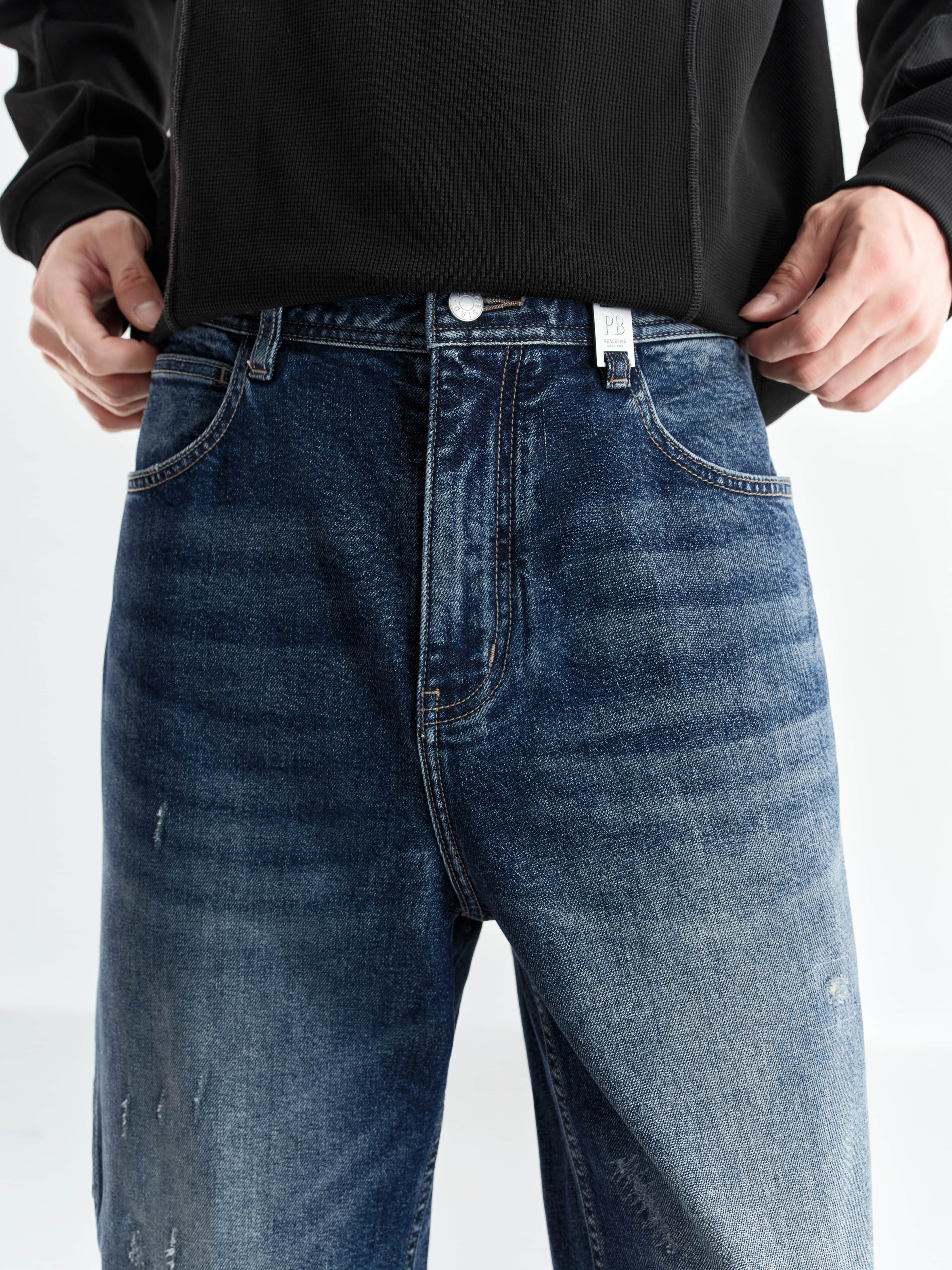 Men's Distressed Tapered Jeans with Pocket Detail