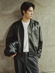 Men's Short Cuban-Collar Leather Jacket
