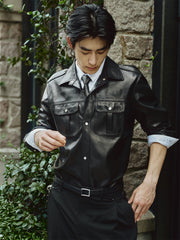 Men's Epaulet Shirt-Style Leather Jacket