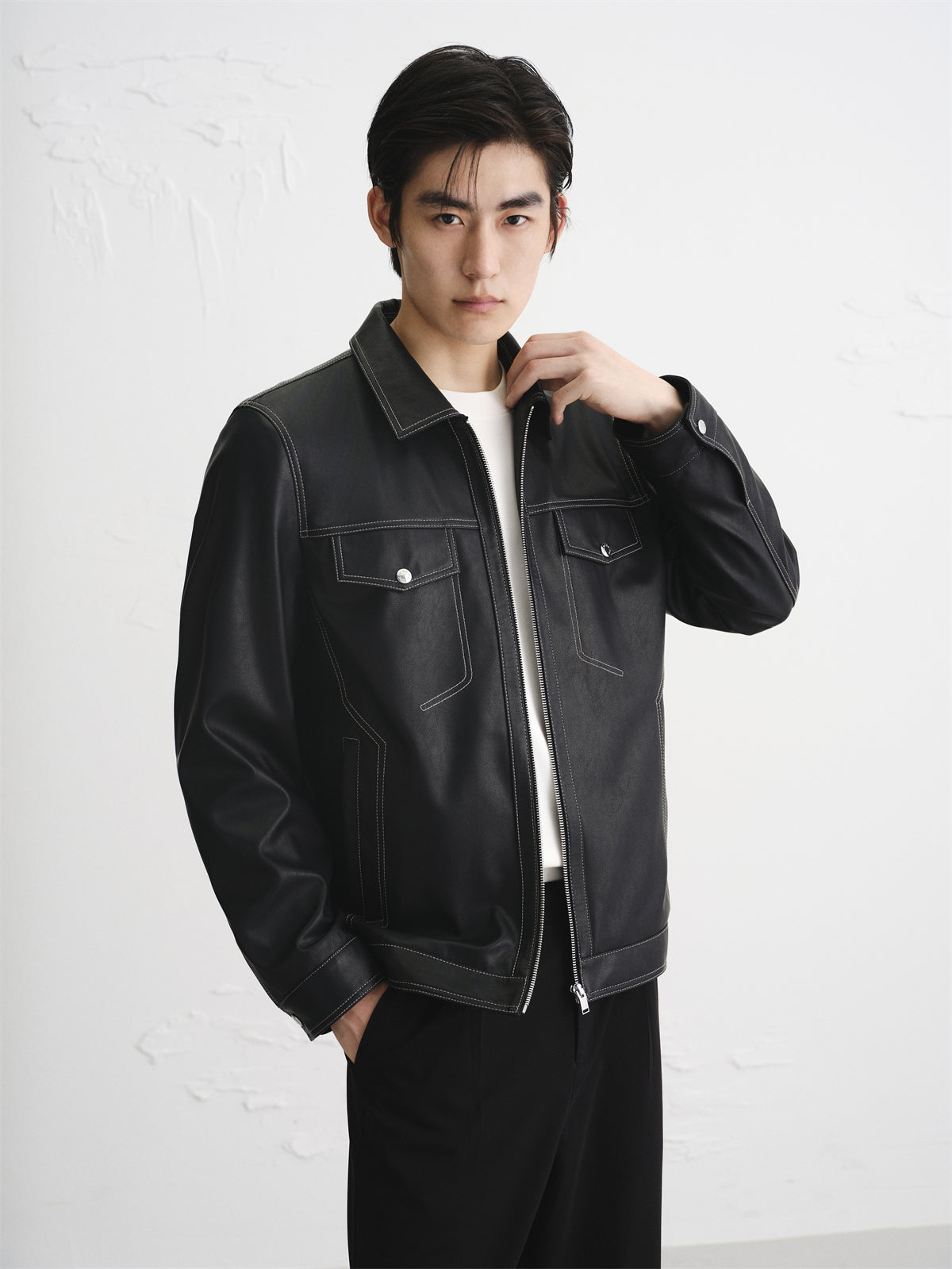 Men's Contrast-Stitch PU Leather Jacket
