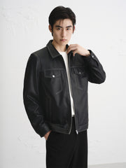 Men's Contrast-Stitch PU Leather Jacket