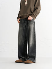 Men's Vintage Distressed Ripped Wide-Leg Cotton Jeans