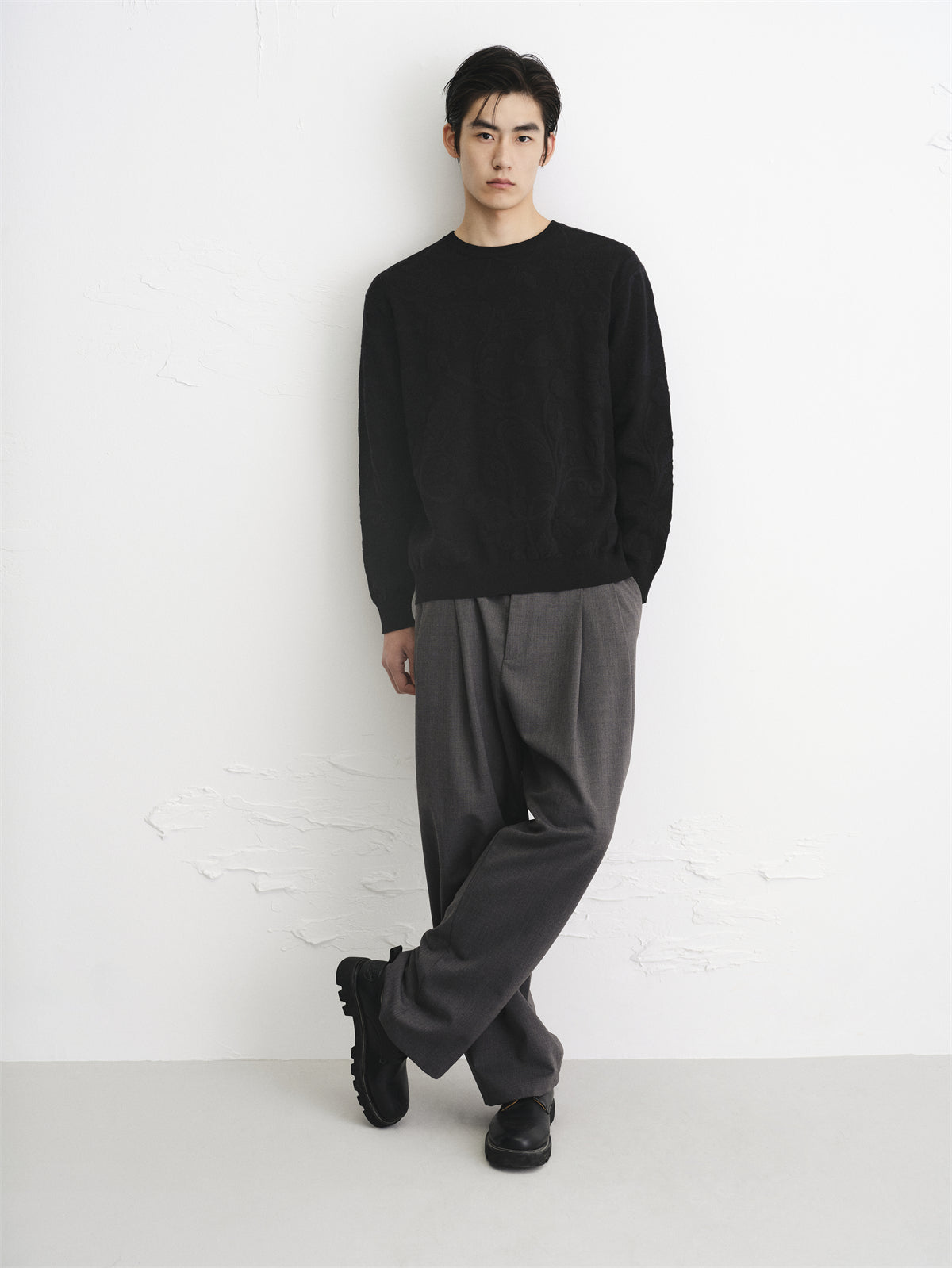 Men's Black Jacquard Textured Knit Sweater