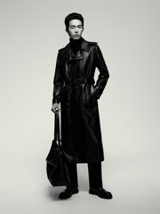 Men's Long Double-Breasted Leather Coat