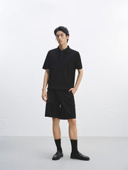 Men's Solid Knit Pullover with Logo Patch and Polo Collar