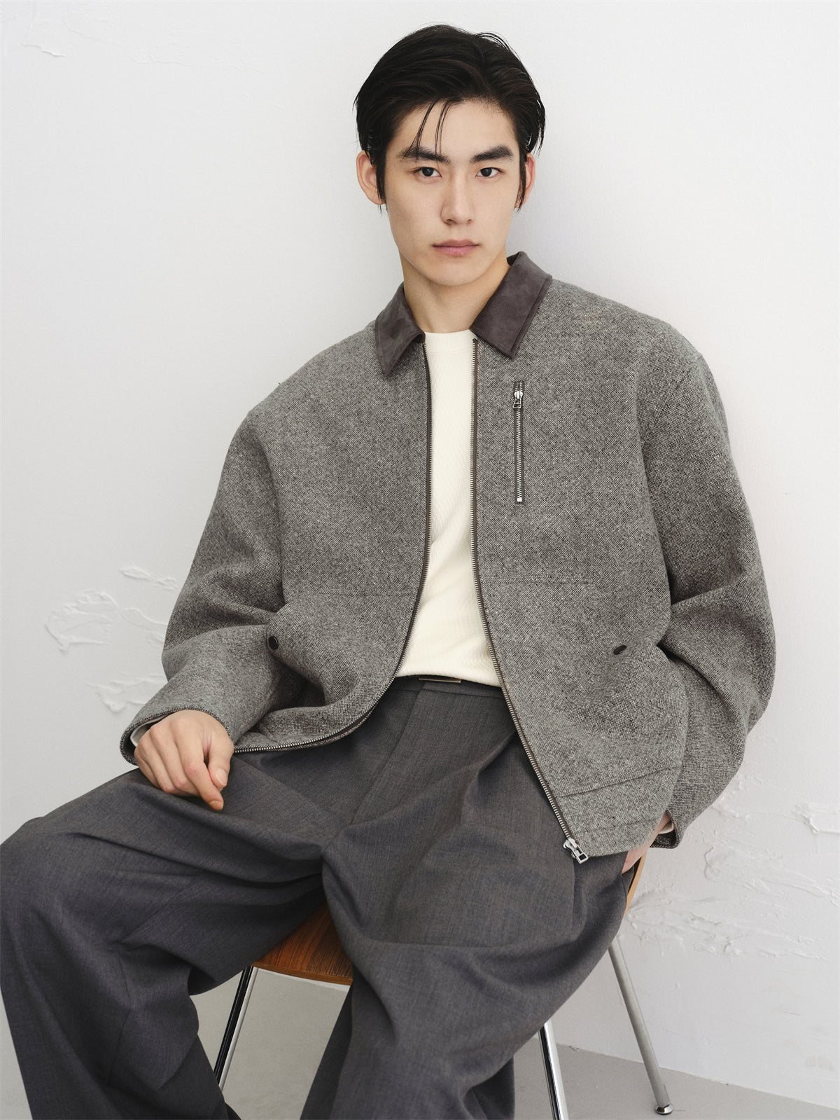 Men's Tweed Tailored Jacket with Faux Suede Collar