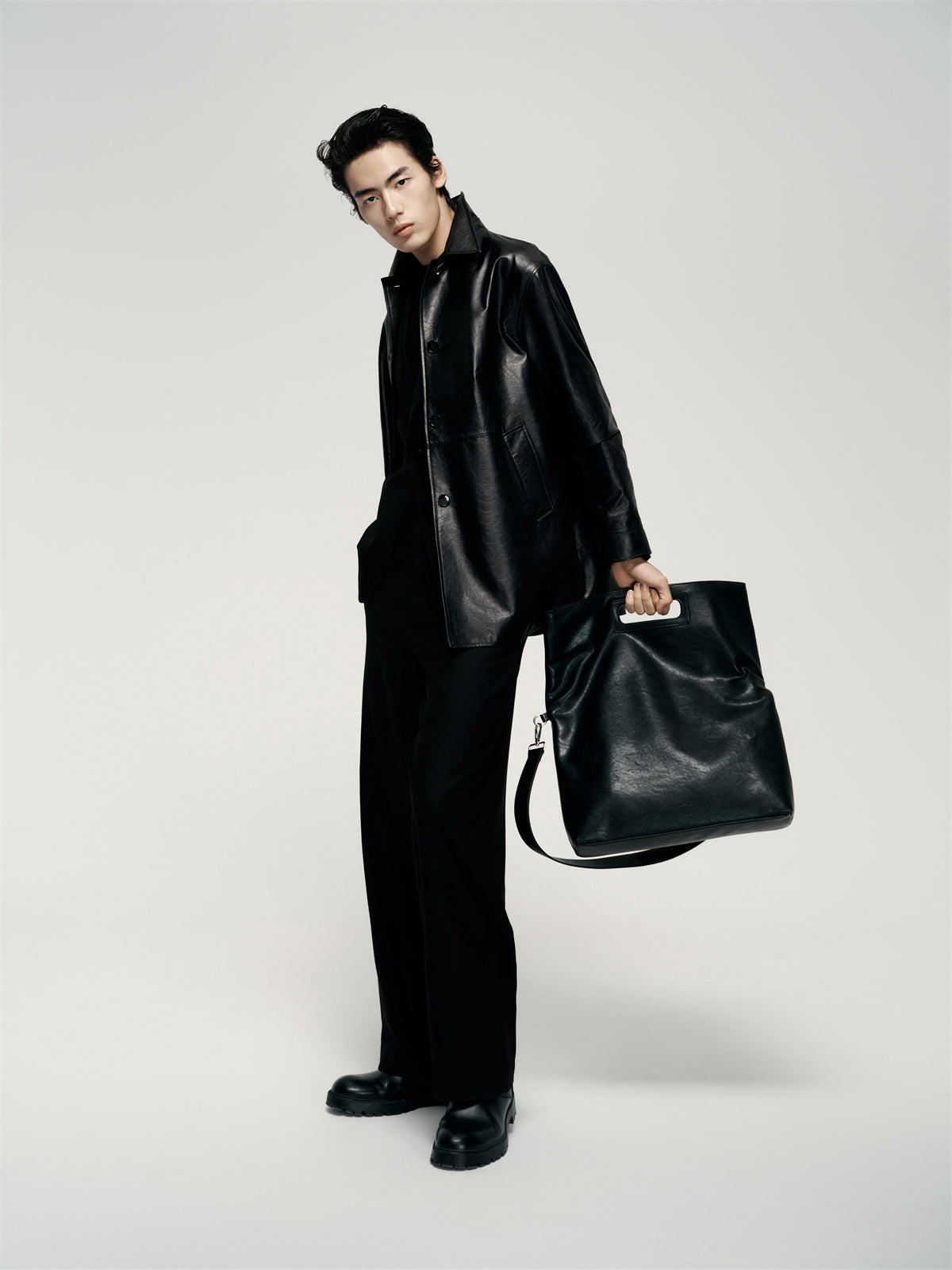 Men's Mid-Length Trench-Style Leather Coat