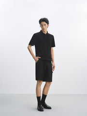 Men's Solid Knit Pullover with Logo Patch and Polo Collar