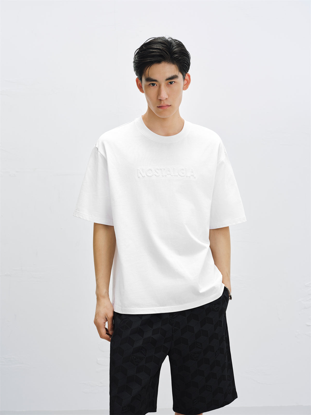 Men's Solid Embossed Letter T-Shirt