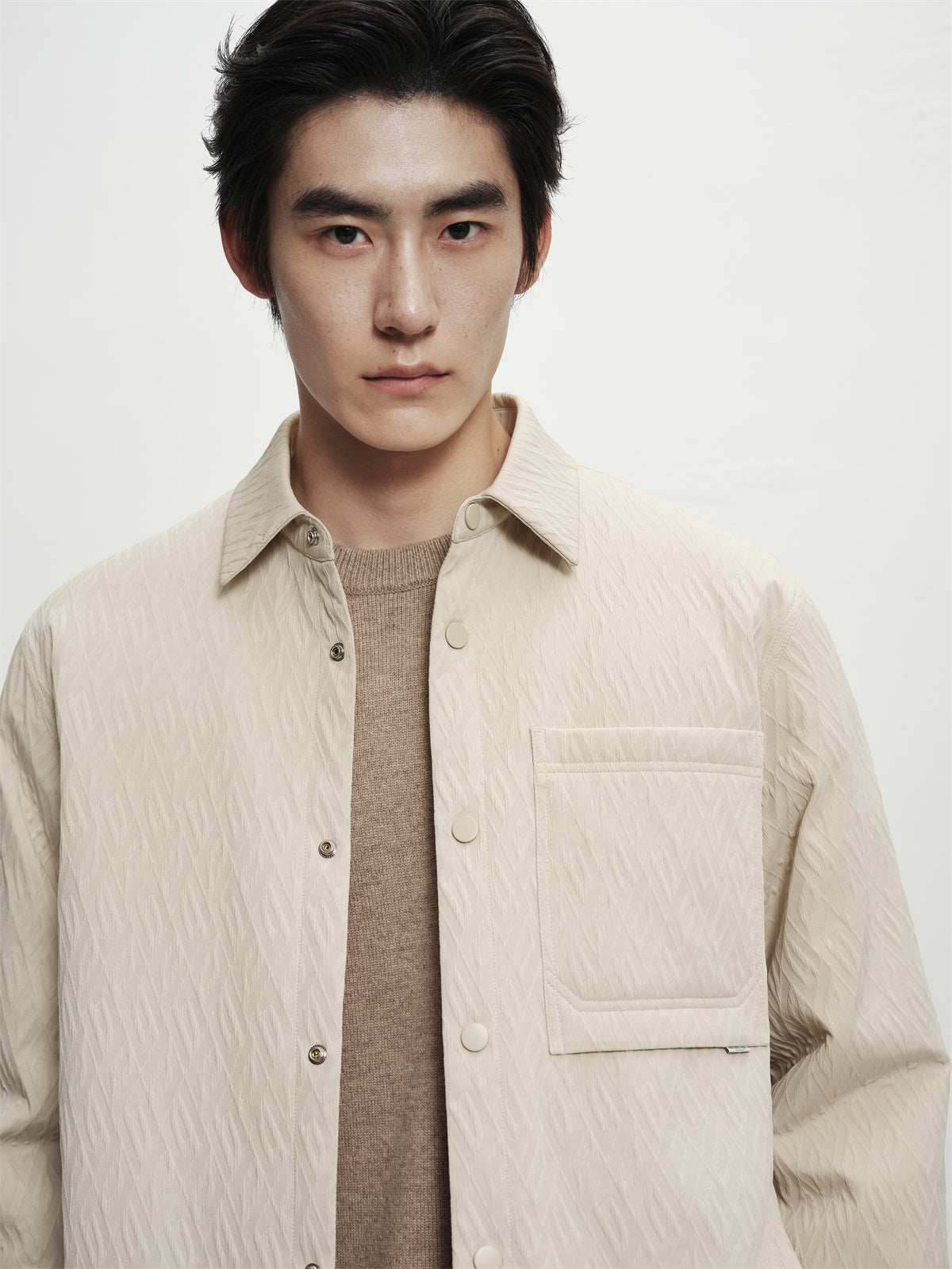 Men's Beige 3D Jacquard Down Shirt Jacket