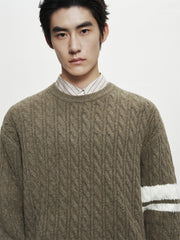 Men's Brown Cable-Knit Contrast-Stripe Sweater