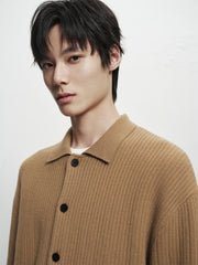 Men's Brown Textured Wool Knit Cardigan