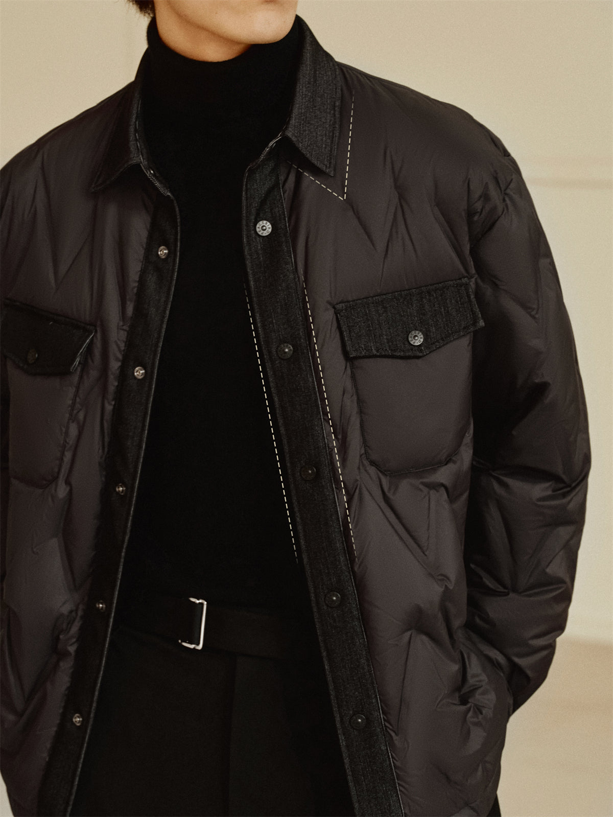 Men's Goose Down Denim-Panel Shirt Jacket