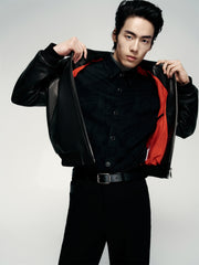 Men's Contrast Short Leather Bomber Jacket