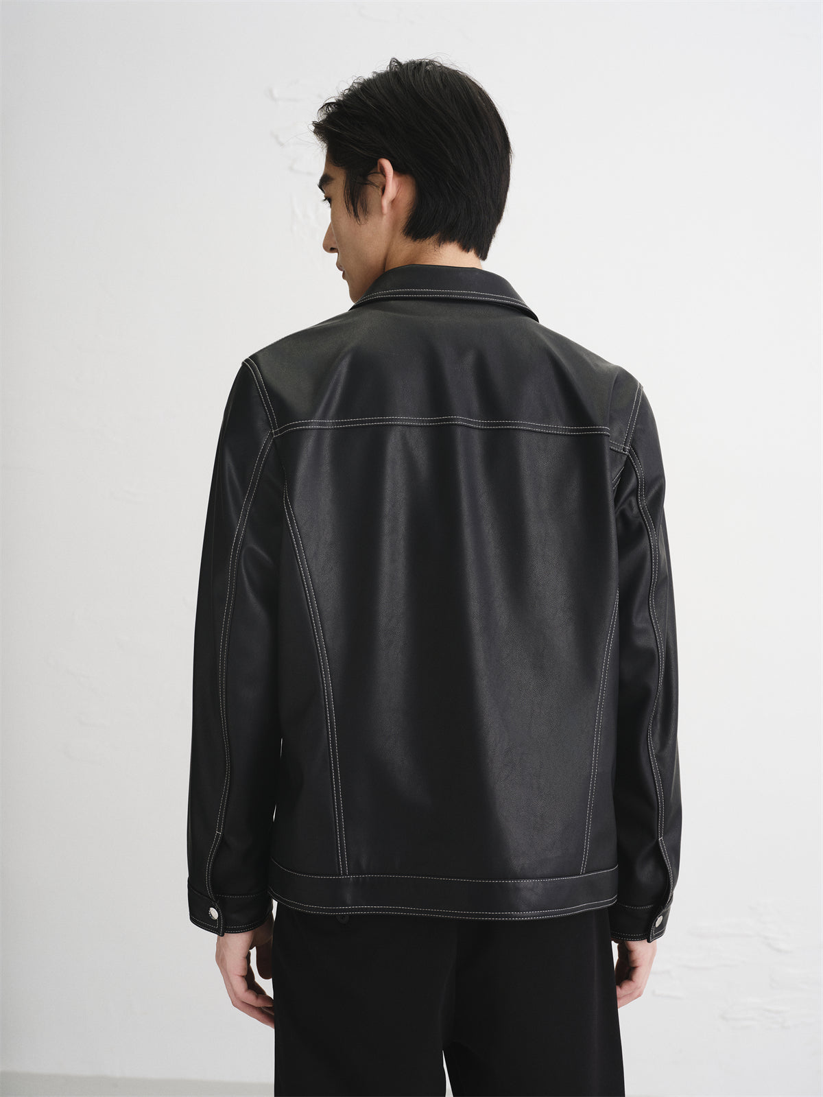 Men's Contrast-Stitch PU Leather Jacket