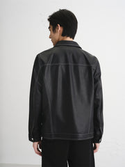 Men's Contrast-Stitch PU Leather Jacket