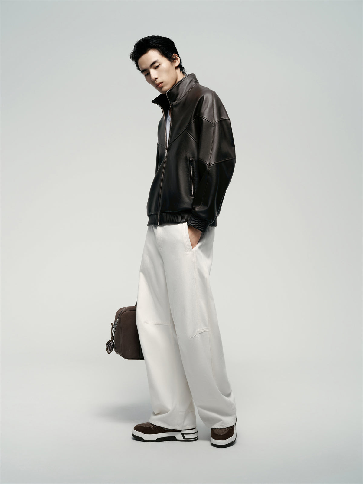 Men's Brown Stand-Collar Leather Jacket