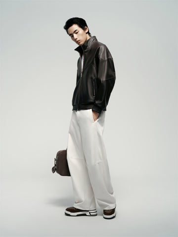Men's Brown Stand-Collar Leather Jacket