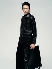 Men's Epaulet Shirt-Style Leather Jacket