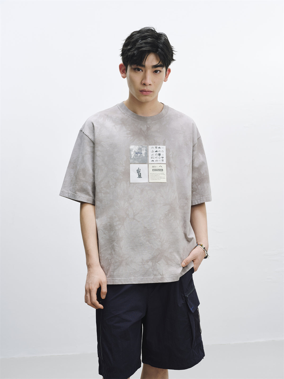 Men's Washed Distressed T-Shirt with Patchwork