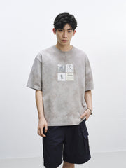 Men's Washed Distressed T-Shirt with Patchwork