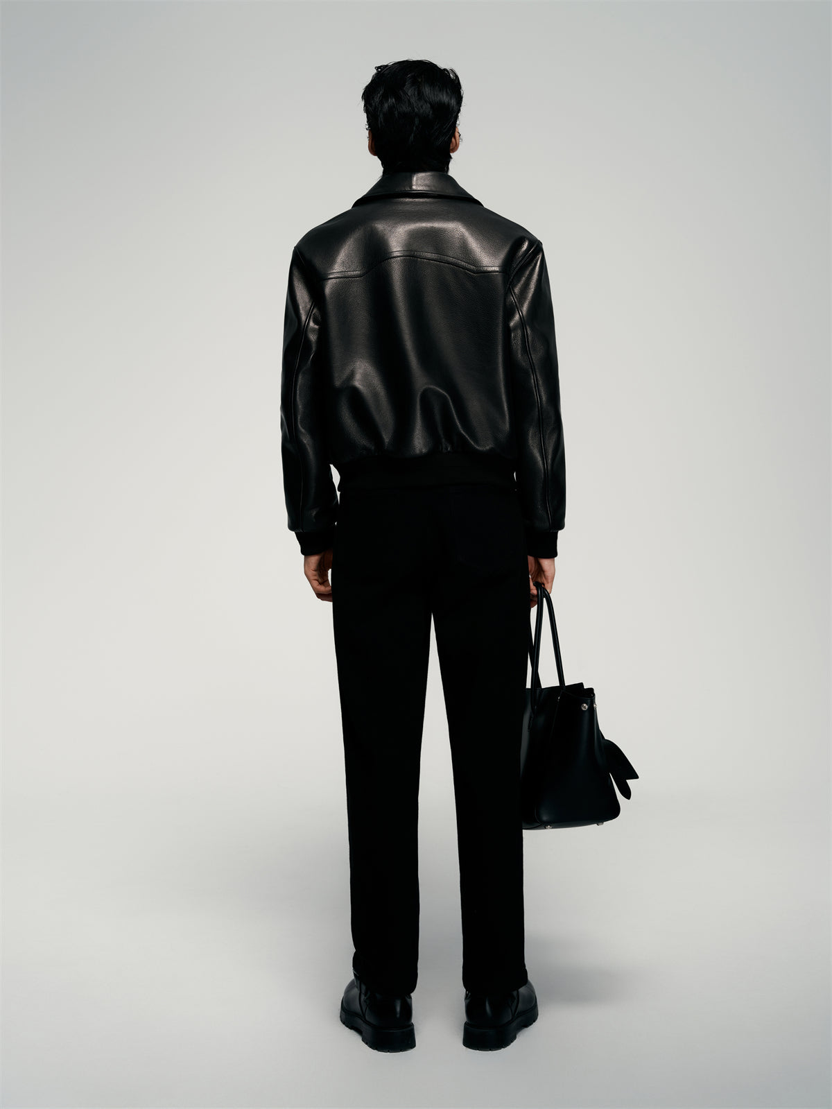 Men's Contrast Short Leather Bomber Jacket