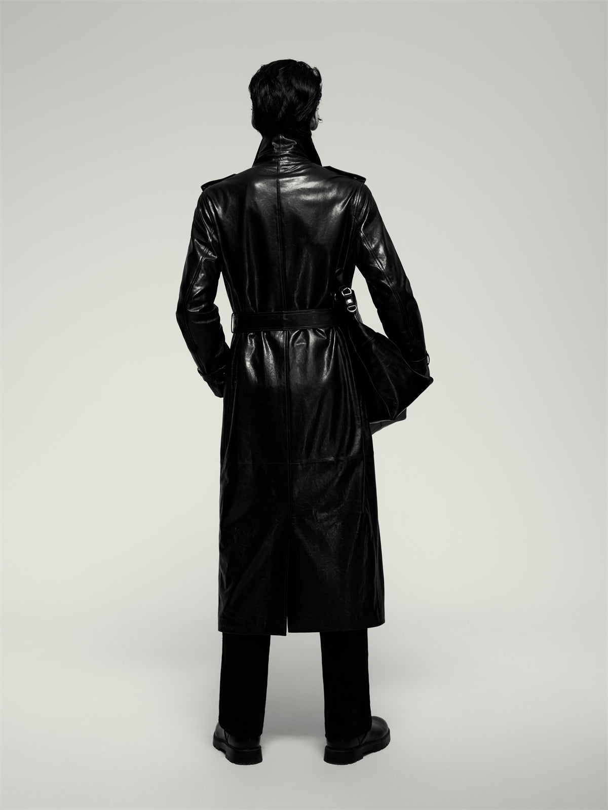 Men's Long Double-Breasted Leather Coat