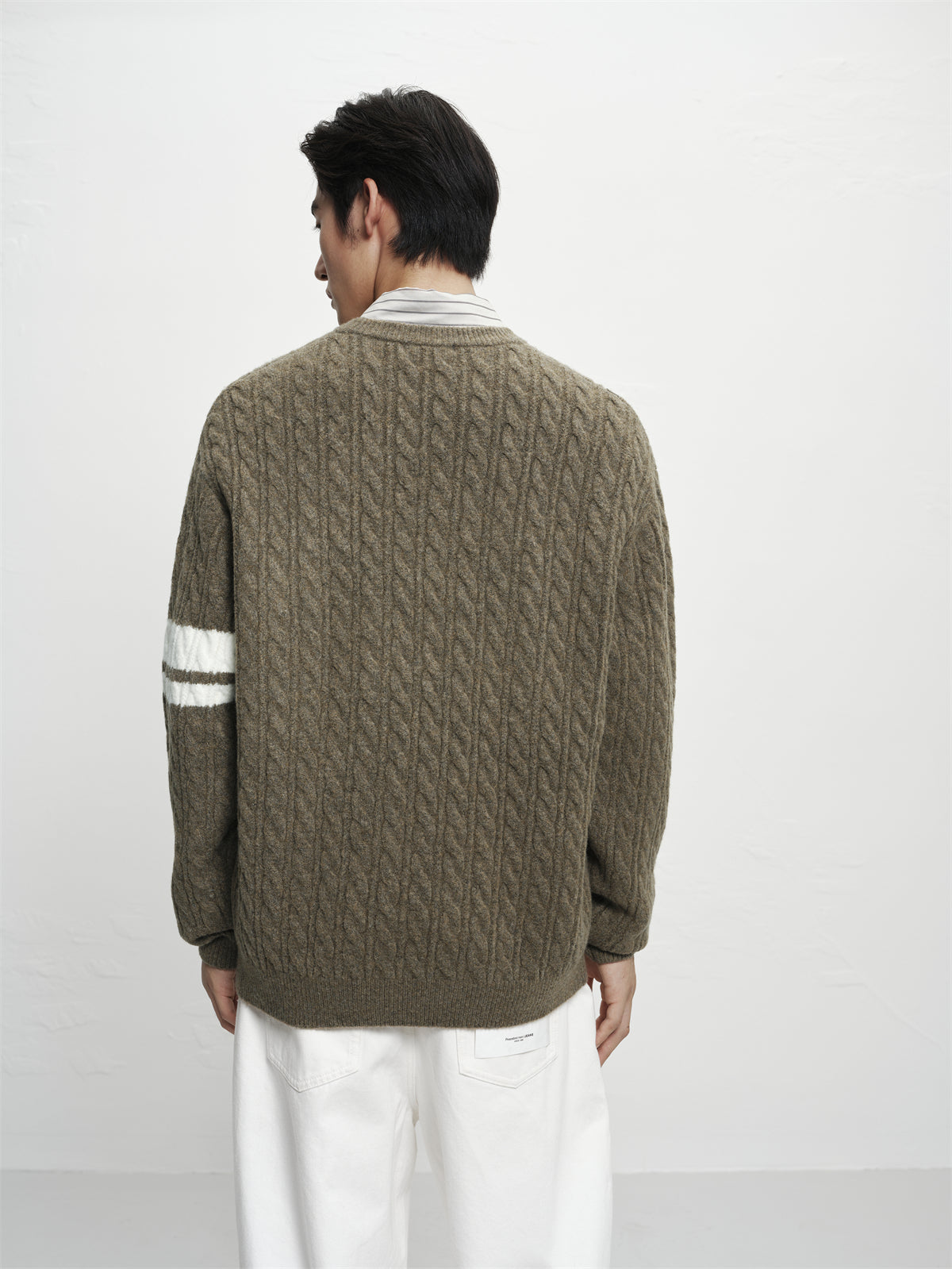 Men's Brown Cable-Knit Contrast-Stripe Sweater