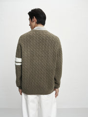 Men's Brown Cable-Knit Contrast-Stripe Sweater