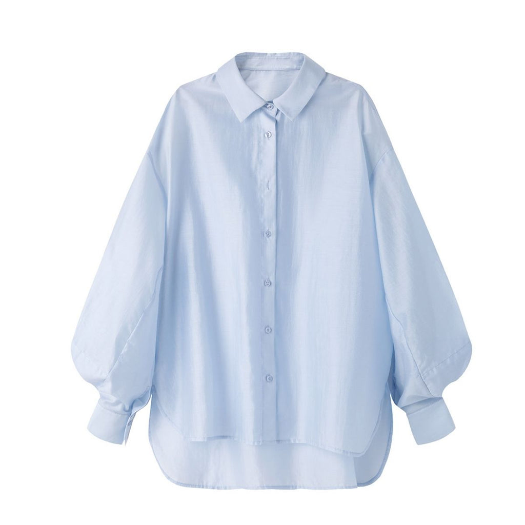 Peacebird Women Blue Lantern Sleeve Design Loose Shirt