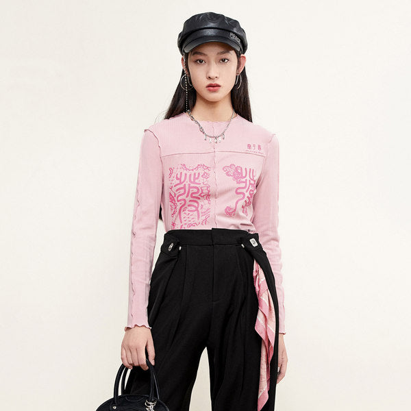 Chinese Character Print Crop Pink Tee