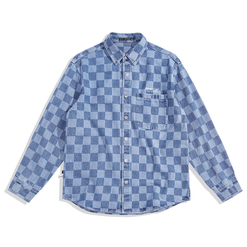 Peacebird Men Blue Checkerboard Shirt